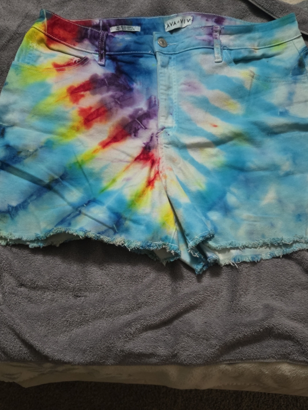 Ava & Viv Tie-Dye Denim Cutoff Shorts - Blue, Red, Yellow, Purple